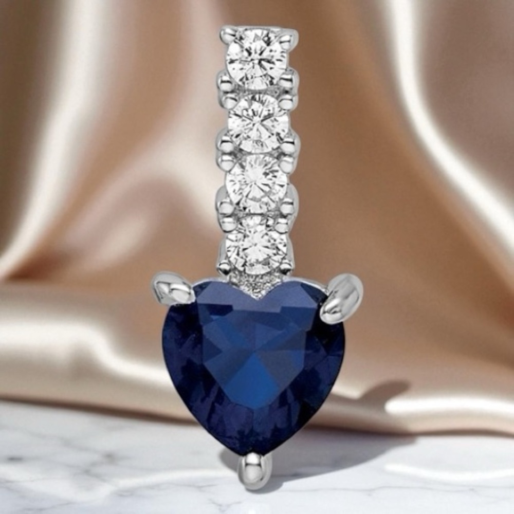 925 Sterling Silver Cr. Blue Spinel and CZ Heart Necklace Mini Charm Pendant